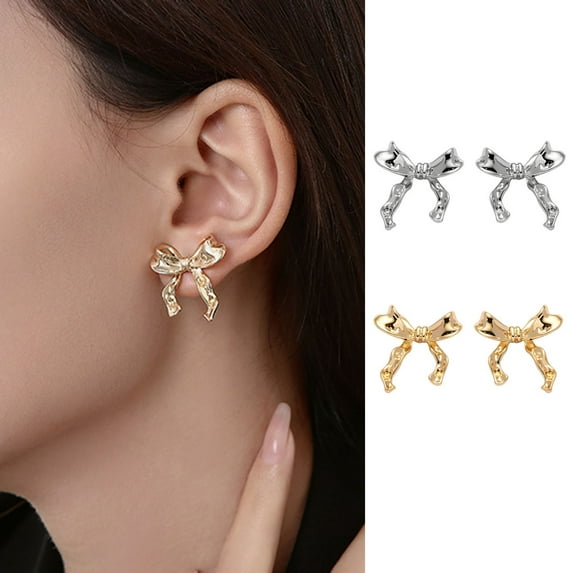Eoperou 1 Pair Women Golden Stud Earrings Bowknot Shape Ear Studs Cute Piercing Bow Earrings Ear Accessories