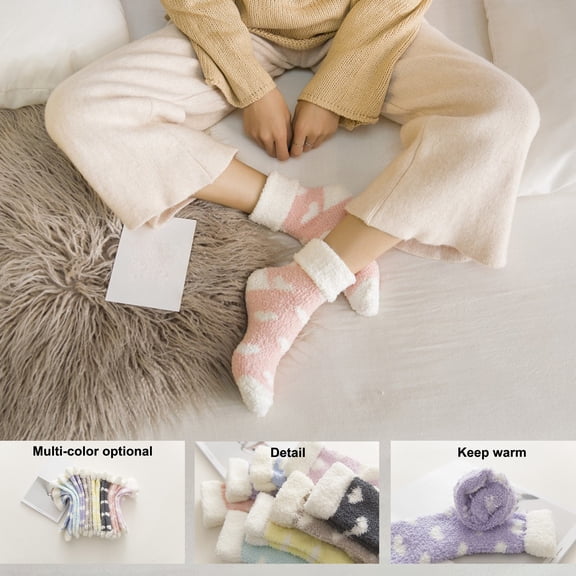 Eoperou 1 Pair Women Socks Fuzzy Fluffy Thickened Stretchy Super Soft Keep Warm Coral Fleece Love Heart Autumn Winter Floor Sleeping Socks for Daily Wear