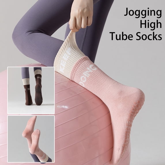 Eoperou 1 Pair Women Sports Socks Anti-skid Bottom Silicone Particle Contrast Color Sweat Absorption Letter Print Workout High Elasticity Jogging High Tube Socks Footwear Supplies