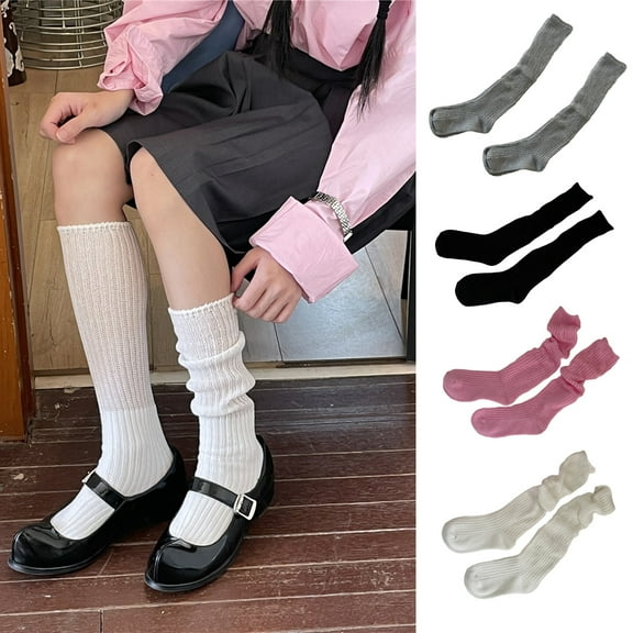 Eoperou 1 Pair Women Winter Long Socks Knitting Calf Socks Solid Color Japanese Style Warm Elastic Anti-slip School Girl Socks Stockings