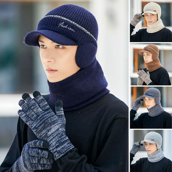 Eoperou 1Pc/2Pcs Wide Brim Striped Stitch Thick Hat Scarf Set Men Ear Protection Winter Knitted Baseball Cap Neckerchief