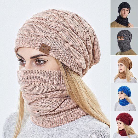 Eoperou 2Pcs/Set Adults Neck Warmer Hat Solid Color Thickened Stretchy Thermal Windproof Keep Warm Super Soft Autumn Winter Men Women Woolen Yarn Scarf Hat Kit for Shopping