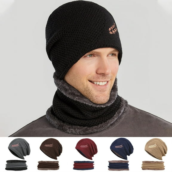 Eoperou 2Pcs/Set Embroidery Wheat Pattern Solid Color Hat Scarf Set Autumn Winter Men Knitted Beanie Plush Lining Neckerchief Set