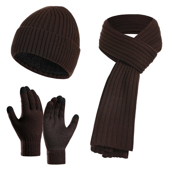 Eoperou 3 Pcs/Set Winetr Hat Scarf Gloves Set Unsiex Striped Solid Color Thick Warm Elastic Anti-slip Neck Head Hands Protection Cozy Windproof Outdoor Cycling Cap Neck Warmer Gloves Set