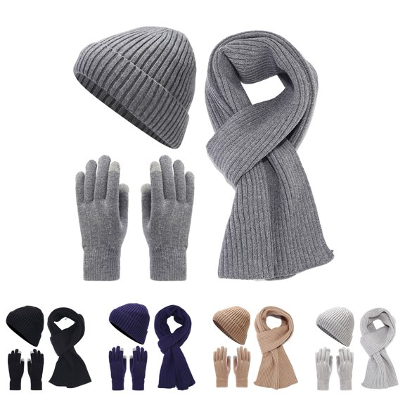 Eoperou 3Pcs/Set Unisex Winter Beanie Hat Long Scarf Touch Screen Gloves Set Solid Color Ribbed Texture Warm Knit Scarf Mittens Hat Set