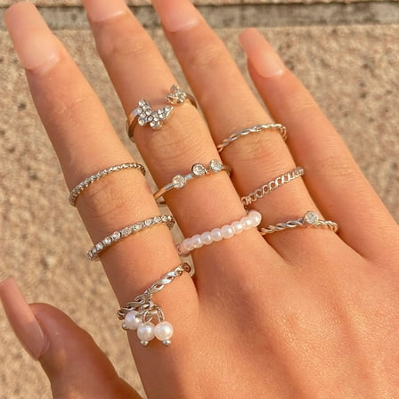 Eoperou 9Pcs/Set Elegant Women Rings Set Rhinestones Butterflies Faux Pearl Decor Finger Rings Jewelry Gift