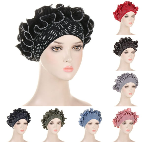 Eoperou Autumn Winter Women Turban Hat Hot Drilling Decor Flower Trim Bonnet Hat Elastic Solid Color Head Scarf Hat