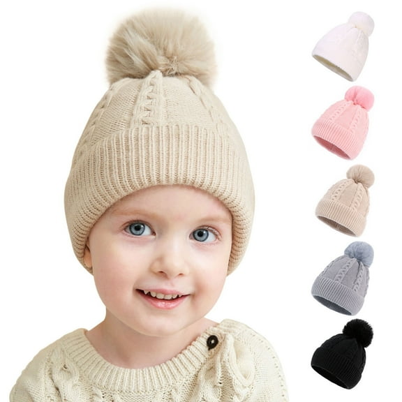 Eoperou Baby Knitted Hat Plush Ball Decor Elastic Anti-slip Solid Color Soft Thick Warm Cold Resistant Unisex Children Winter Outdoor Cap Beanie
