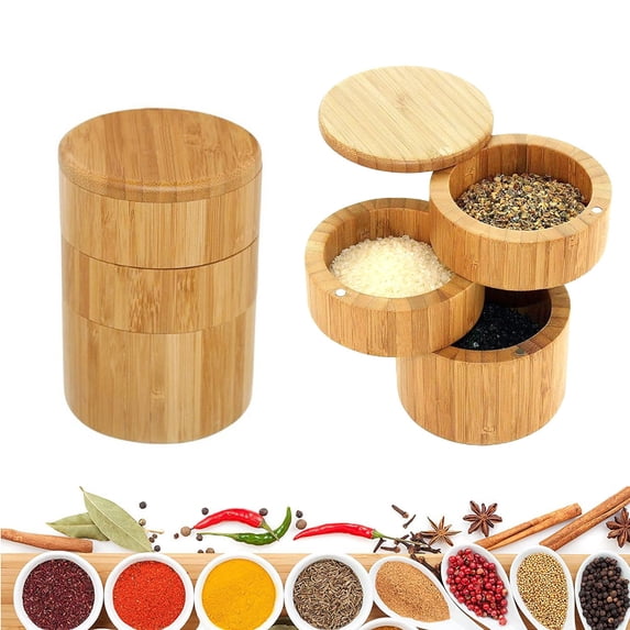 Eoperou Bamboo Seasoning Storage Box with Magnetic Swivel Lid Wooden Salt Cellar Pepper Sugar Spice Holder Round Container Bowl Kitchen Gadgets