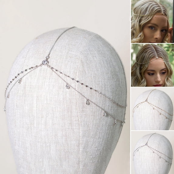 Eoperou Boho Style Head Chain Rhinestones Pendant Double Layer Elegant Headpiece Bling Bridal Forehead Chain Jewelry Gift Hair Accessory