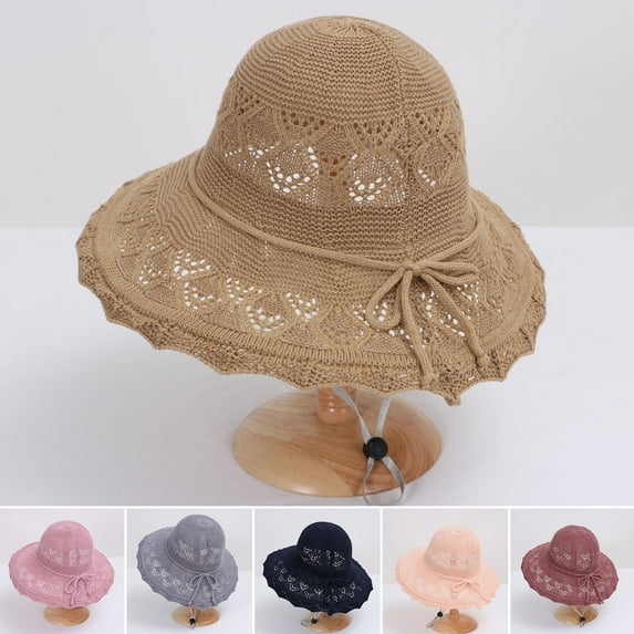 Eoperou Bowknot Rope Decor Adjustable Drawstring Wide Brim Beach Hat Hollow Braided Summer Sun Hat Fashion Accessories
