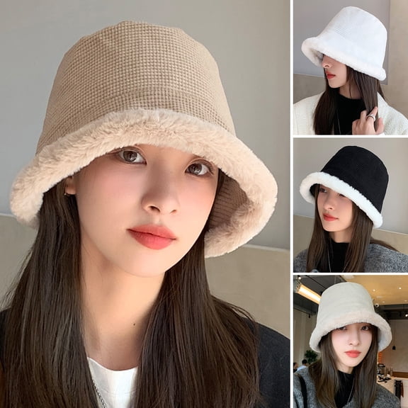 Eoperou Bucket Hat Thickened Faux Hare Fur Casual Soft Elegant Keep Warm Anti-fade Winter Thermal Ladies Fisherman Cap for Outdoor