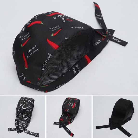 Eoperou Chef Hat Printing Bouncy Mesh Adjustable Unisex Prevent Hair Falling Lace Up Pepper Restaurant Working Hat for Hotel