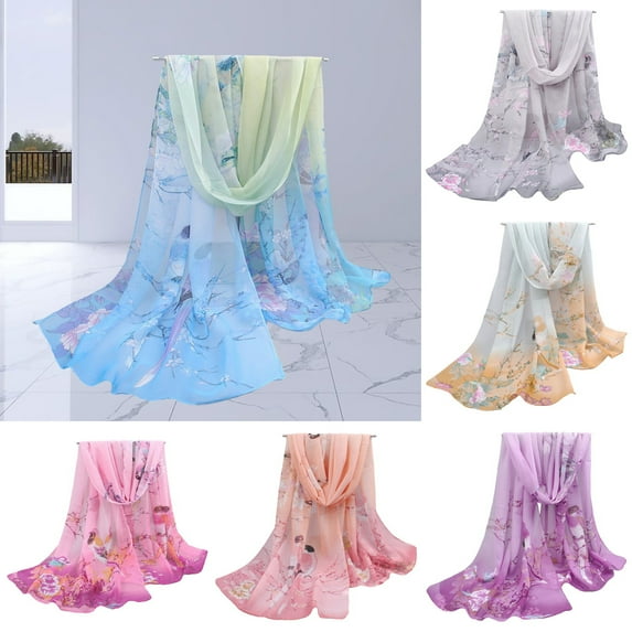 Eoperou Chic Women Scarf Floral Print Bird Pattern Silky Colorful Wide Sunshade Chiffon Washable Travel Ladies Shawl Clothes Accessory