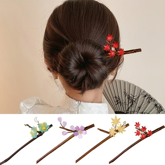Eoperou Chinese Style Hair Stick Flower Faux Pearls Decor Hair Chopstick Handmade Wooden Hair Stick Head Accessories