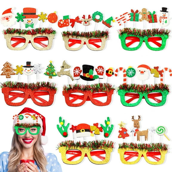 Eoperou Christmas Glasses - Santa Hat Snowman Tree Elk Antler Merry Christmas Glitter Glasses Frame, Holiday Eyeglasses Party Supplies