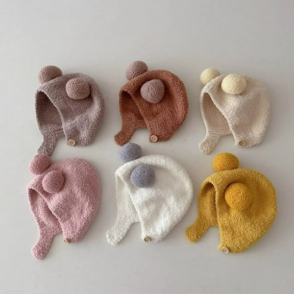 Eoperou Cute Winter Warm Kids Girl Boys Baby Hat Fleece Hat with Ball Decor Patchwork Color Ear Protection Hat Soft Newborn Bonnet Hat