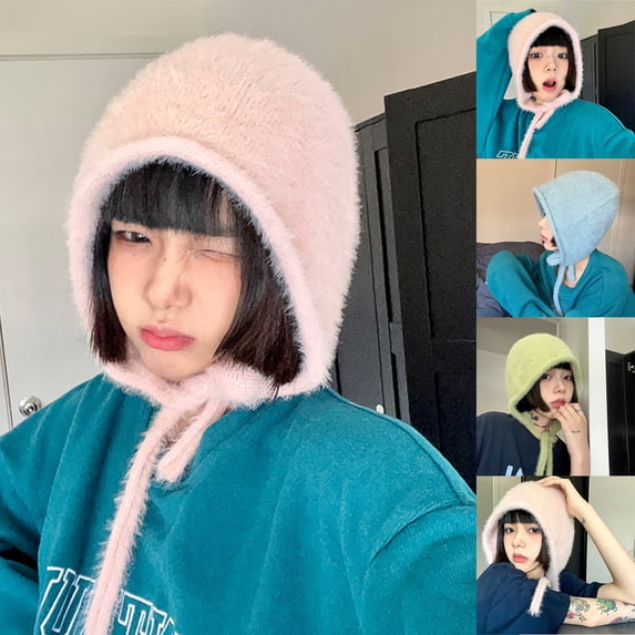 Eoperou Ear Protection Lace-up Brimless Bandage Winter Hat Women Solid Color Riding Woolen Yarn Cap