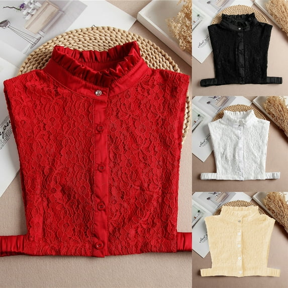 Eoperou Fake Collar Solid Color Rhinestone Button Hollow Out Detachable Stand Collar Women Half Shirt Floral Lace Sweater Dickey Collar for Office
