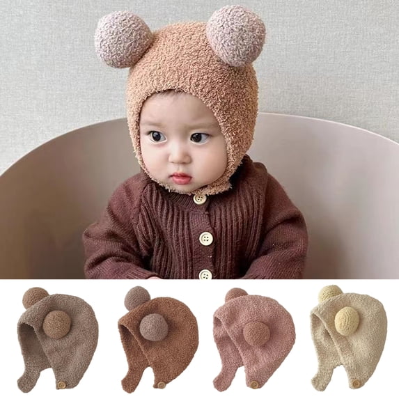 Eoperou Fall Winter Children Hat Knitted Cartoon Ear Decor Thick Soft Elastic Button Closure Unisex Anti-slip Lightweight Warm Ear Protection Infant Baby Cap Beanie