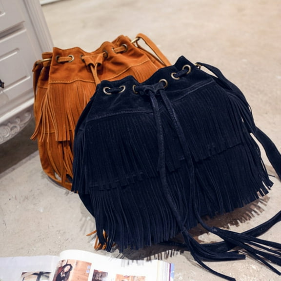 Eoperou Fashion Solid Color Women Fringe Drawstring Suede Crossbody Shoulder Bucket Bag
