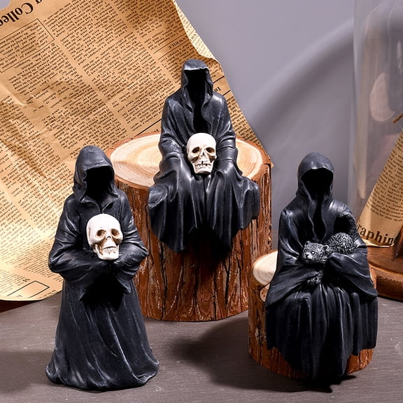 Eoperou Grim Reaper Figurine: Spooky Black Robe Death Ghost Resin Statue for Decor