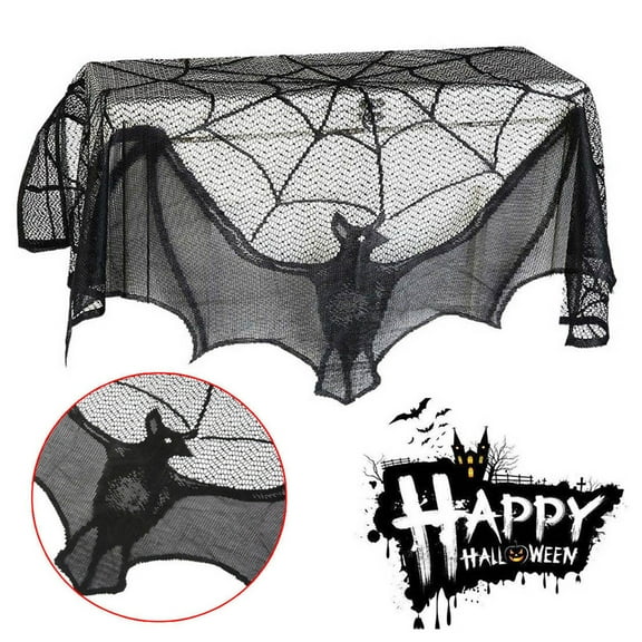 Eoperou Halloween Curtain: Bat Spider Web Black Lace Haunted House Party Window Valance