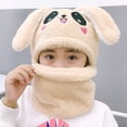thumbnail image 1 of Eoperou Kids Hat Cute Hare Ears Embroidery Face Soft Plush Thicker Keep Warm Integrated Winter Thermal Girls Neck Warmer Cap for Outdoor, 1 of 8