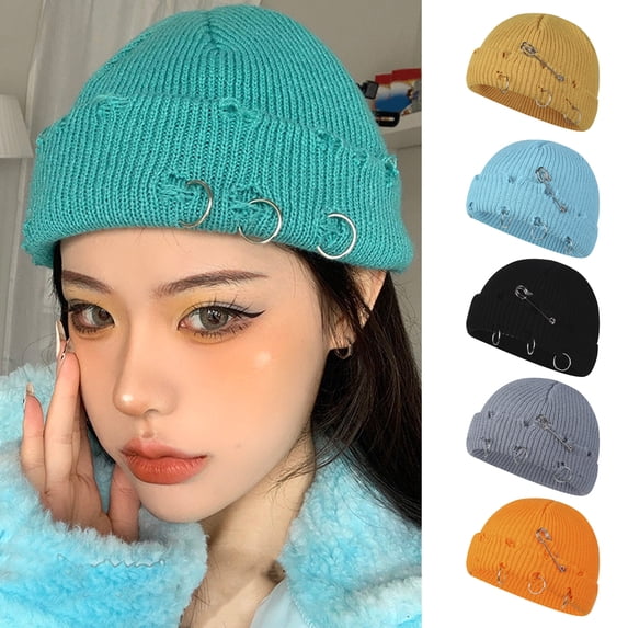Eoperou Knitted Hat Hip Hop Ripped Flanging Metal Ring Solid Color Keep Warm Woolen Yarn Autumn Winter Women Beanie Cap for Outdoor