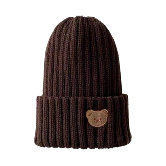 Eoperou Knitted Hat Solid Color Cartoon Bear Embroidery Stretchy Thicker Super Soft Ears Protection Woolen Yarn Autumn Winter Baby Girls Boys Kids Cap Beanie for Outdoor