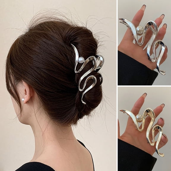 Eoperou Lady Hair Claw Water Wave Shape Faux Pearl Decor Solid Color Smooth Edge Strong Claw Hair Decoration Bland Style Large High-end Party Hair Grip Hair Accessories