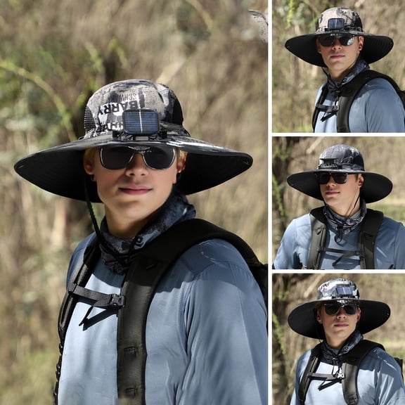 Eoperou Men Fisherman Hat with Solar Fan Large Brim Windproof Strap USB Charging Anti-UV Sunscreen Quick Dry Great Breathability Outdoor Fishing Camping Travel Cap