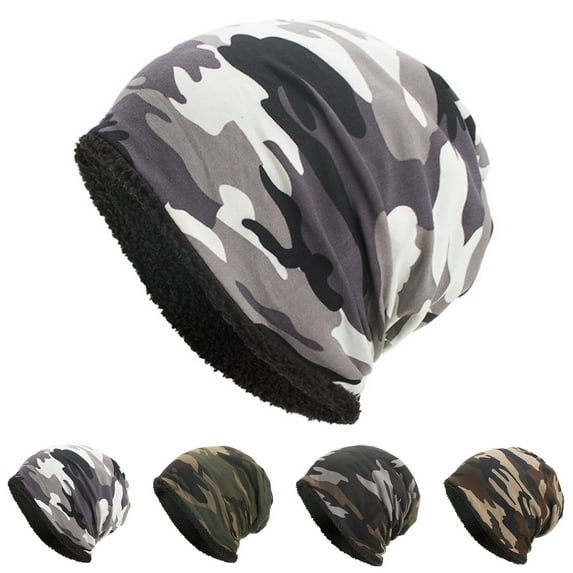 Eoperou Men Winter Hat Camouflage Print Fleece Baggy Elastic Soft Cold-proof Lightweight Breathable Color Matching Men Beanie for Daily Wear