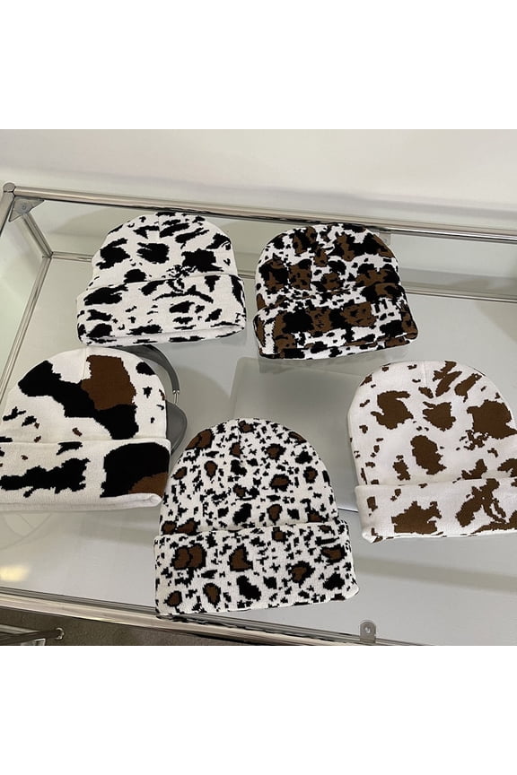 Milk Cow Print Beanie Hat Autumn Winter Thick Warm Knitting Hat Unisex Animal Print Dome Skull Hat Streetwear