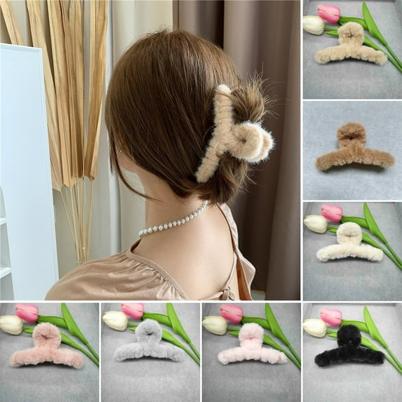 Eoperou Plush Hair Claw Clip Fuzzy Non Slip Strong Hold Elegant Solid Color Large Fall Winter Women Long Thick Thin Curly Hair Clamp Fashion Hair Accessories