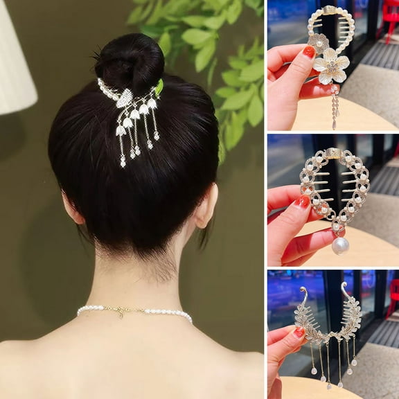 Eoperou Ponytail Hair Clip Green Leaf Flower Tassels Faux Pearls Elegant Chinese Style Hair Accessories Rhinestone Inlaid Women Hair Bun Claw Clip Daily Wear