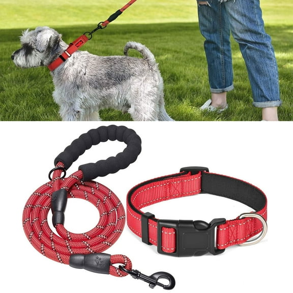 Eoperou Reflective Dog Collar And Leash Set - 5FT Traction Rope Nylon Pet Collar with Soft Neoprene Padding for Small Medium Large Dogs