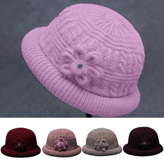 Eoperou Round Dome Faux Hare Wool Plush Lining Windproof Solid Color Knitting Hat Old People Autumn Elegant Flower Decor Basin Cap Fashion Accessories