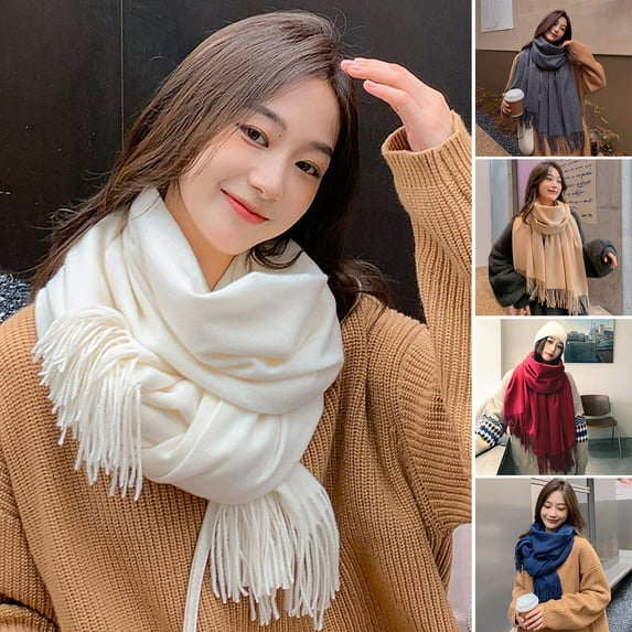 Eoperou Shawl Wrap Plain Fringed Tassels Comfortable Soft Cold Resistant Solid Color Winter Thermal Women Long Blanket Scarf for Office