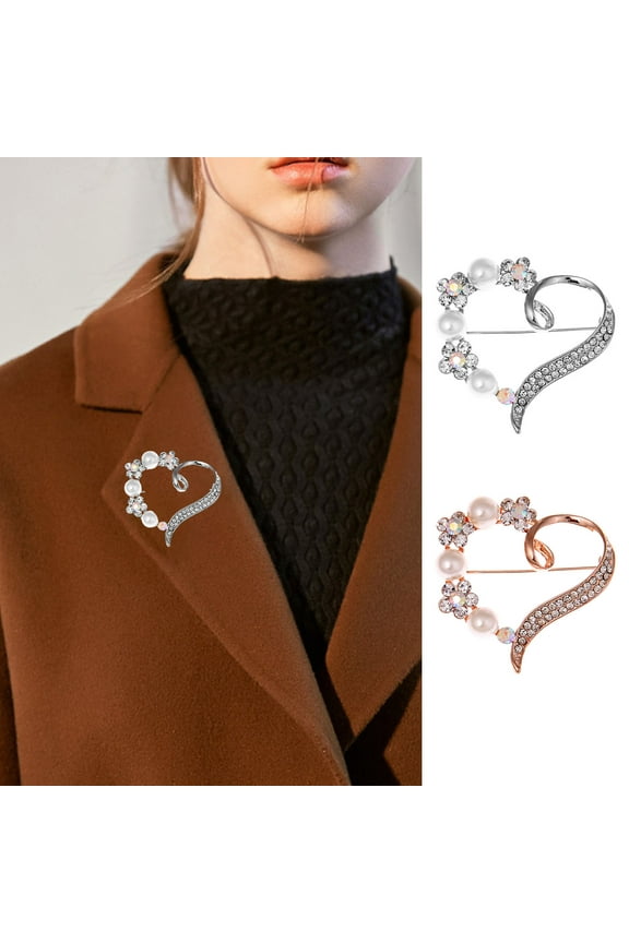 Shining Rhinestones Faux Pearls Brooch Pin Exquisite Decorative Flower Hollow Heart Shape Pin Costume Accessories