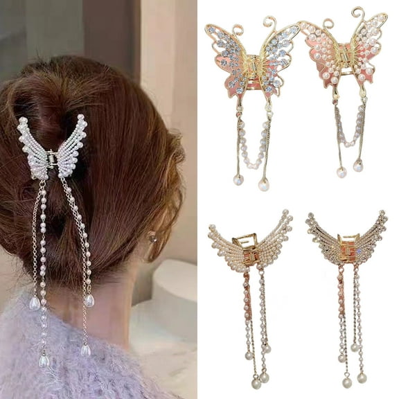 Eoperou Shining Rhinestones Hair Claw Faux Pearls Tassel Korean Style Butterflies Shape Large Hair Clip Hair Accessories