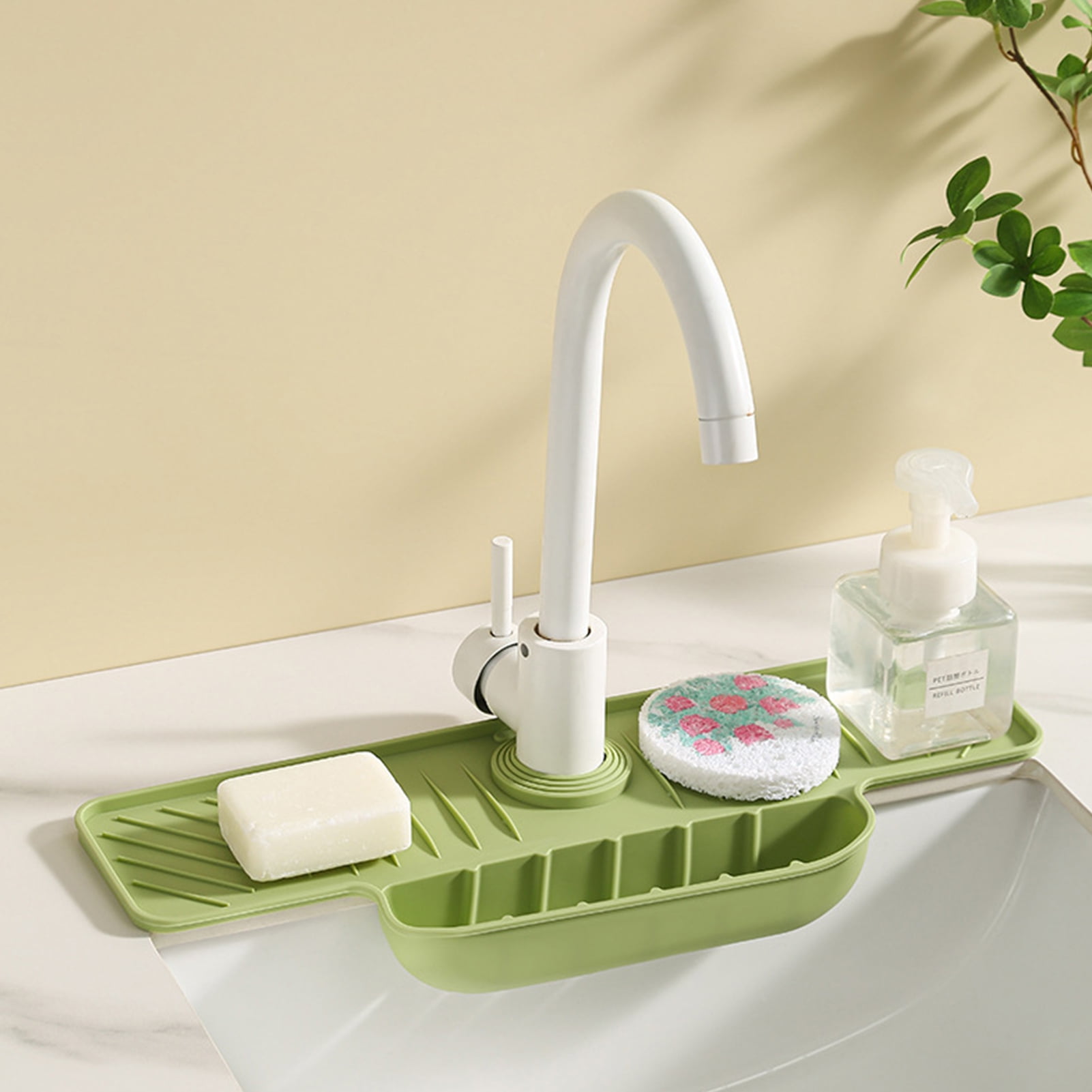 17.7 Inch Silicone Faucet Splash Guard Mat With Sponge Holder - Kitchen Sink Drying Mat, Water Catcher With Frame