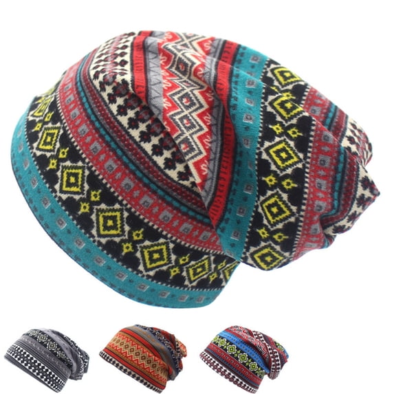 Eoperou Skullies Beanie Unisex Knitting Printing Vintage Baggy Warm Neck Protection Stretch Men Women Winter Cap for Outdoor