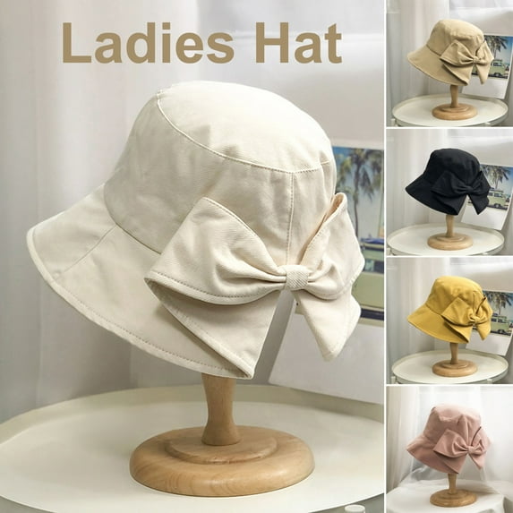 Eoperou Summer Lady Fisherman Hat Bow Decor Pastoral Style Pure Color Flat Top Good Breathability Sun Protection Anti-UV Foldable Sun Hat Outdoor Cap