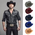 thumbnail image 1 of Eoperou Unisex Vintage Wide Brim Warm Hat Western Cowboy Hat British Style Jazz Cap for Outdoor Daily Life, 1 of 8