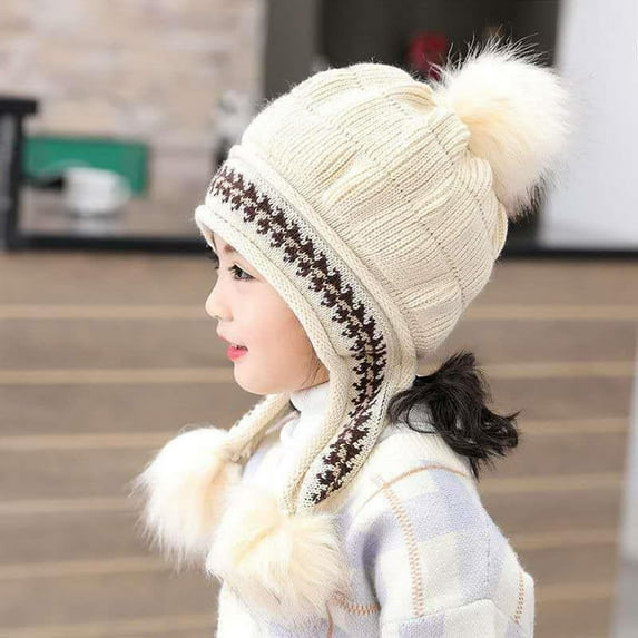 Eoperou Winter Kids Beanie Hat Three Pompom Thicken Warm Ear Protection Children's Knitted Hat for 2-7T Boys Girls Baby Accessories