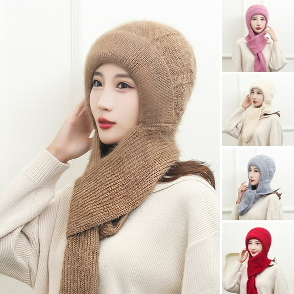 Eoperou Winter Scarf Hat Soft Solid Color Thick Knitted High Elasticity Keep Warm Anti-pilling Ear Protection Women Winter Bonnet for Dating