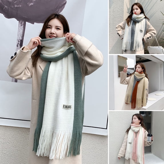 Eoperou Winter Women Scarf: Thick Warm Long And Width Color Matching Patchwork Windproof Tassel Decor Anti-shrink Heat Retention Neck Wrap