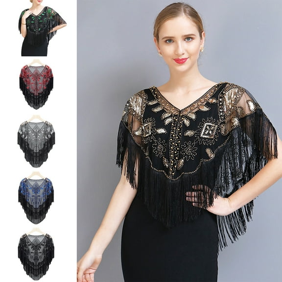 Eoperou Women 1920s Sequined Shawl Tassels Beaded Faux Pearl Fringe Solid Color Sheer Mesh Wrap Cape Cover Up V Neck See-through Cape