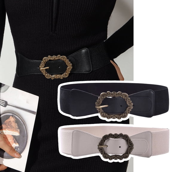 Eoperou Women Belt High Elasticity Wide Band Retro Carved Flower Metal Buckle Solid Color Anti-slip Anti-break Great Tenacity Slim Waist Lady Sweater Dress Waistband Waist Strap